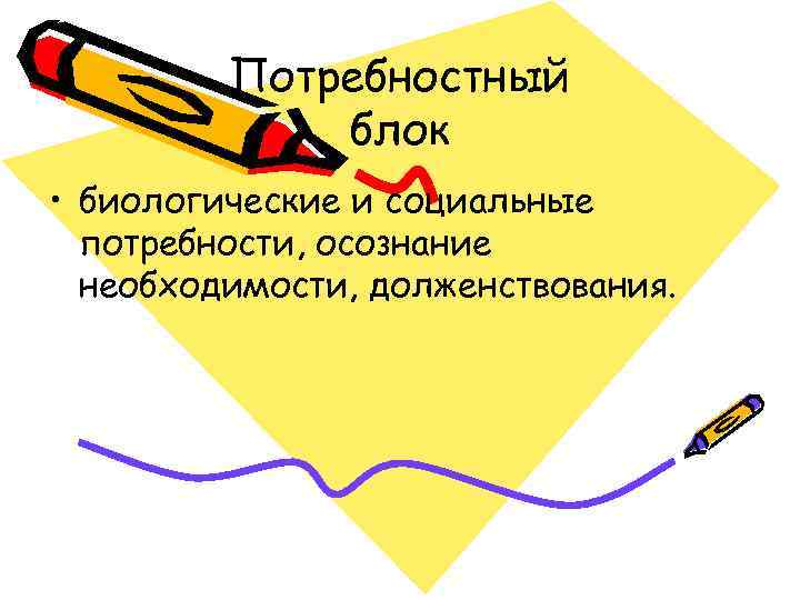    Потребностный   блок • биологические и социальные  потребности, осознание