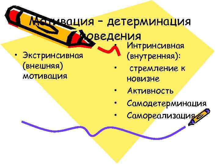   Мотивация – детерминация  поведения    •  Интринсивная •