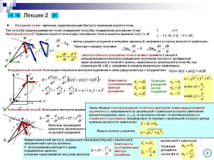 Лекция 2 n Ускорение точки – величина, характеризующая Лекция 2 n Ускорение точки – величина, характеризующая