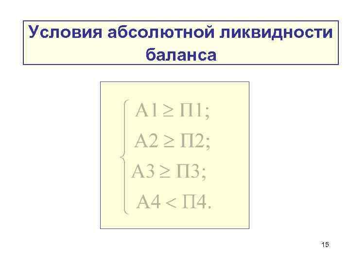 Абсолютные условия. Условия абсолютной ликвидности баланса. Абсолютно ликвидный баланс. 4 Условия абсолютной ликвидности. Условия абсолютного ликвидного баланса.