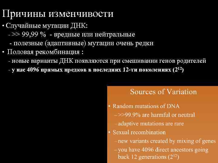 Причины изменчивости • Случайные мутации ДНК: - >> 99, 99 % - вредные или