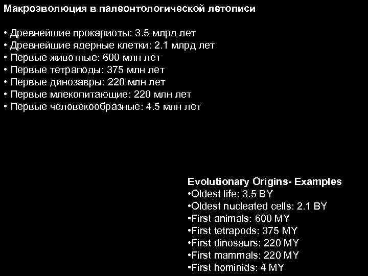 Макроэволюция в палеонтологической летописи • Древнейшие прокариоты: 3. 5 млрд лет • Древнейшие ядерные