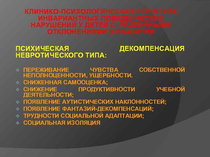   КЛИНИКО-ПСИХОЛОГИЧЕСКАЯ СТРУКТУРА  ИНВАРИАНТНЫХ ПОВЕДЕНЧЕСКИХ НАРУШЕНИЙ У ДЕТЕЙ С РАЗЛИЧНЫМИ  