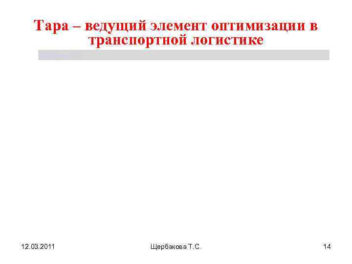   Тара – ведущий элемент оптимизации в  транспортной логистике Щербакова Т. С.
