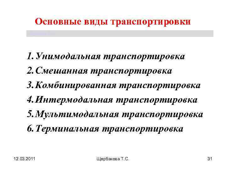    Основные виды транспортировки  Щербакова Т. С.  1. Унимодальная транспортировка