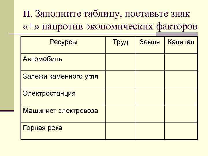 II. Заполните таблицу, поставьте знак «+» напротив экономических факторов Ресурсы Труд II. Заполните таблицу, поставьте знак «+» напротив экономических факторов Ресурсы Труд
