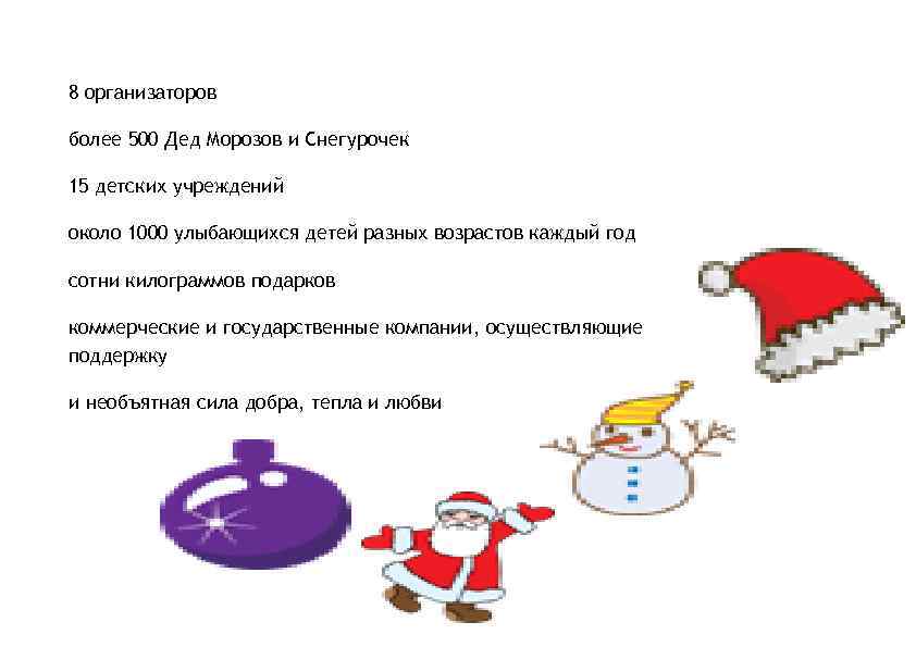 ВМЕСТЕ МЫ 8 организаторов более 500 Дед Морозов и Снегурочек 15 детских учреждений около