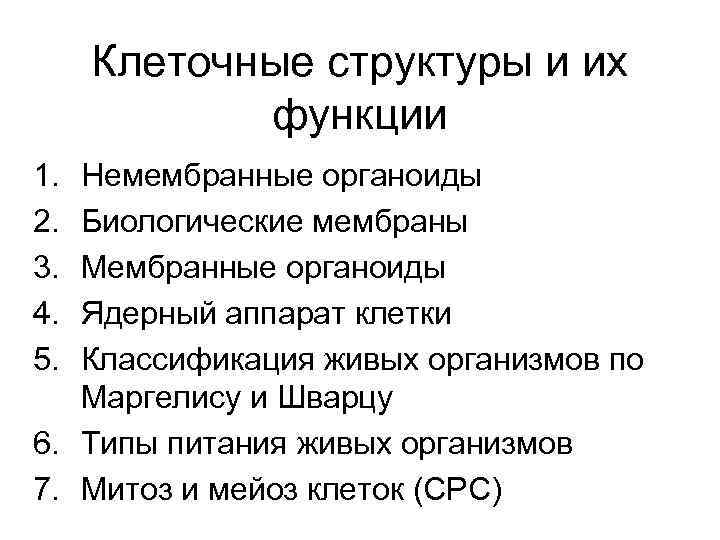 Клеточные структуры и их функции 1. Немембранные органоиды 2. Биологические мембраны Клеточные структуры и их функции 1. Немембранные органоиды 2. Биологические мембраны