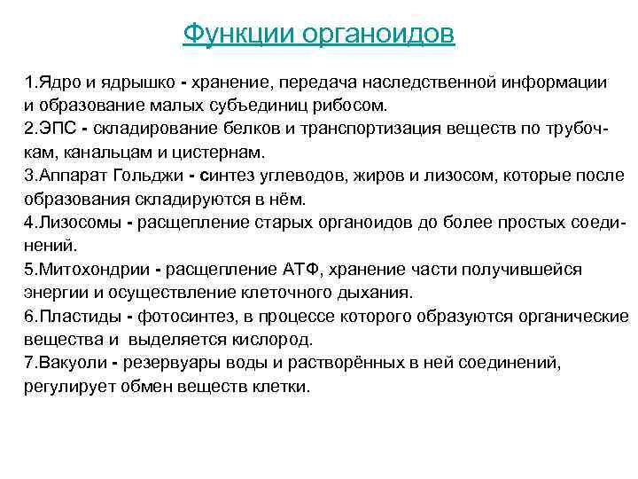 Функции органоидов 1. Ядро и ядрышко - хранение, передача наследственной информации Функции органоидов 1. Ядро и ядрышко - хранение, передача наследственной информации