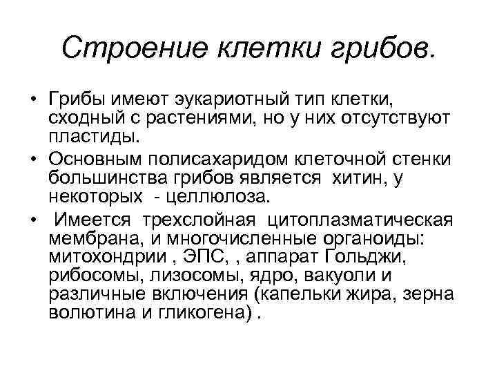   Строение клетки грибов.  • Грибы имеют эукариотный тип клетки,  сходный
