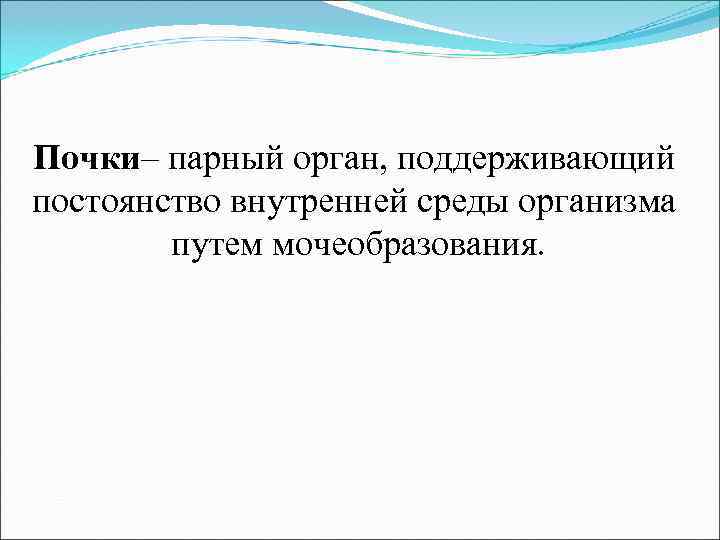 Почки– парный орган, поддерживающий постоянство внутренней среды организма   путем мочеобразования. 