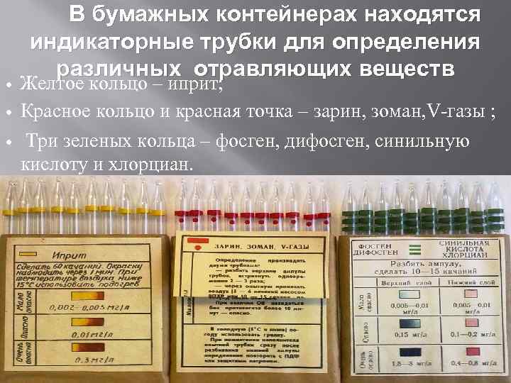   В бумажных контейнерах находятся индикаторные трубки для определения  различных отравляющих веществ