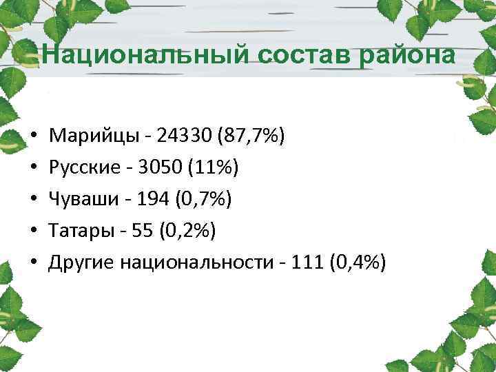 Национальный состав района • Марийцы - 24330 (87, 7%) • Национальный состав района • Марийцы - 24330 (87, 7%) •