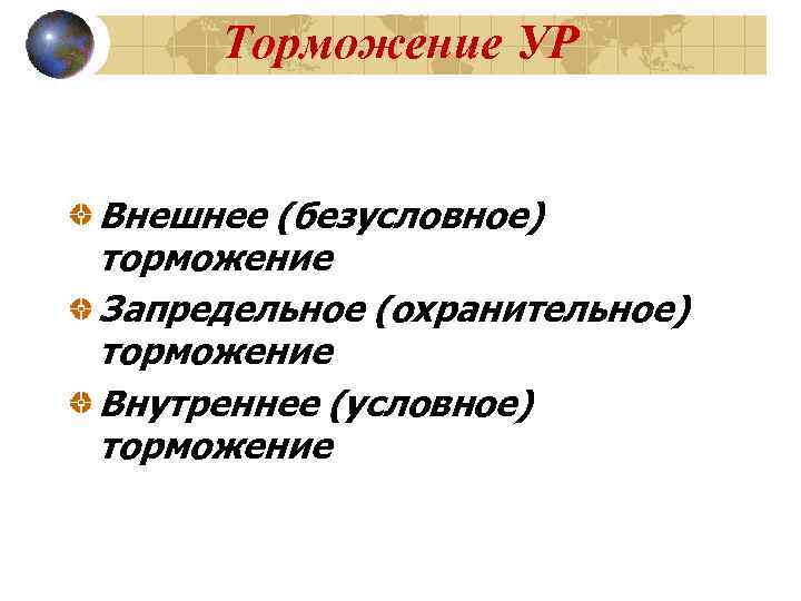  Торможение УР  Внешнее (безусловное) торможение Запредельное (охранительное) торможение Внутреннее (условное) торможение 