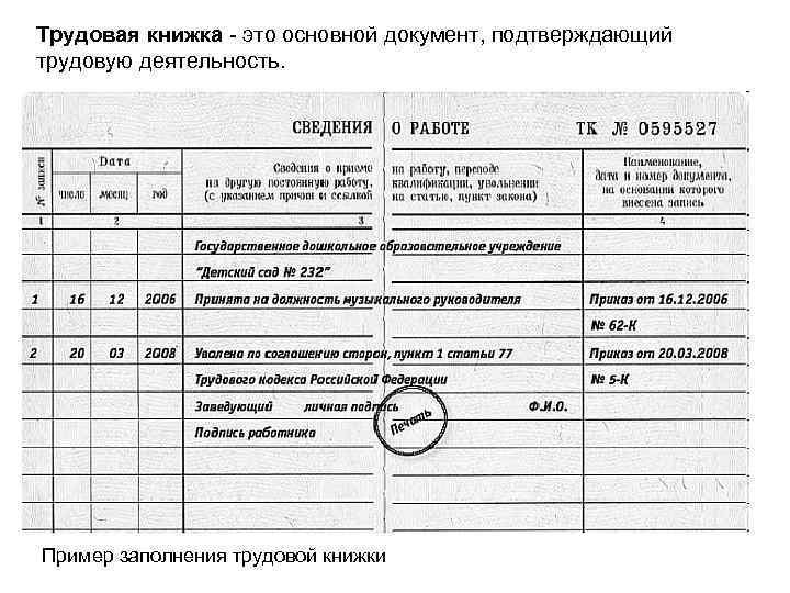 Трудовая книжка - это основной документ, подтверждающий трудовую деятельность. Пример заполнения трудовой книжки 
