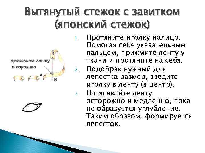 Вытянутый стежок с завитком (японский стежок)   1.  Протяните иголку налицо. 