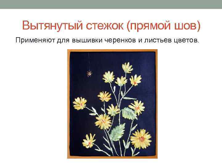  Вытянутый стежок (прямой шов) Применяют для вышивки черенков и листьев цветов. 