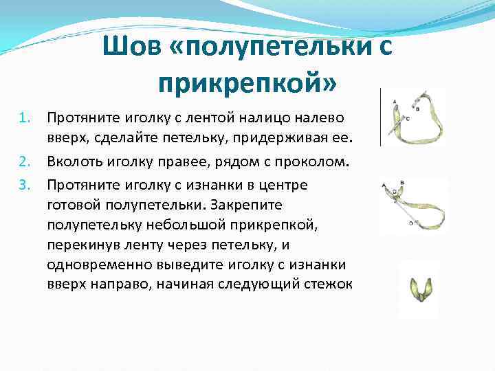    Шов «полупетельки с   прикрепкой» 1. Протяните иголку с лентой
