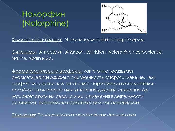   Налорфин (Nalorphine) Химическое название: N-аллилнорморфина гидрохлорид.  Синонимы: Анторфин, Anarcon, Lethidron, Nalorphine
