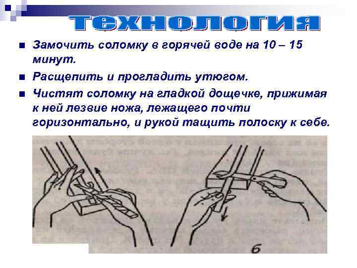 n  Замочить соломку в горячей воде на 10 – 15 минут. n 
