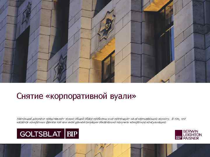 Снятие «корпоративной вуали»  Настоящий документ представляет только общий обзор проблемы и не претендует