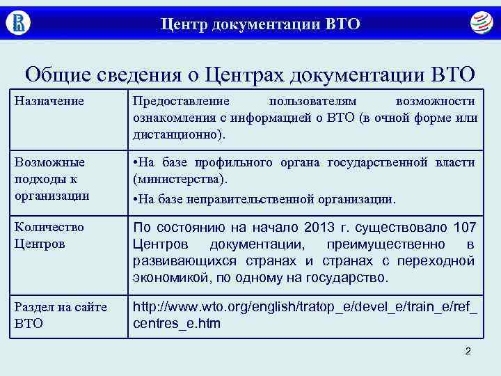      Центр документации ВТО  Общие сведения о Центрах документации