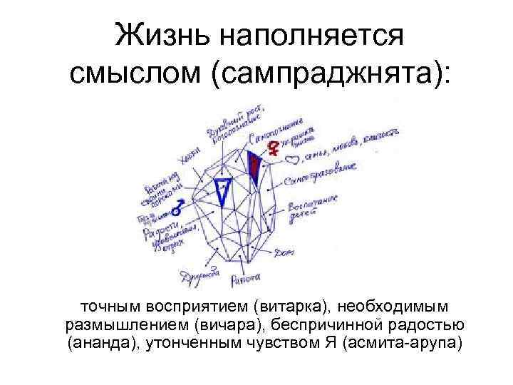  Жизнь наполняется смыслом (сампраджнята):  точным восприятием (витарка), необходимым размышлением (вичара), беспричинной радостью