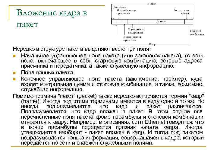  Вложение кадра в пакет Нередко в структуре пакета выделяют всего три поля: n