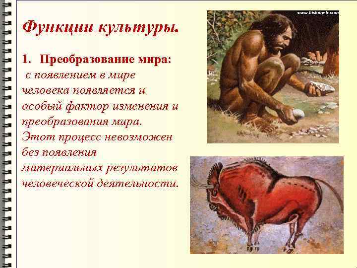 Функции культуры. 1. Преобразование мира:  с появлением в мире человека появляется и особый