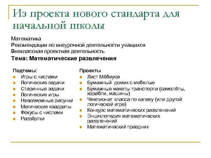 Из проекта нового стандарта для начальной школы Математика Рекомендации по внеурочной деятельности учащихся Внеклассная