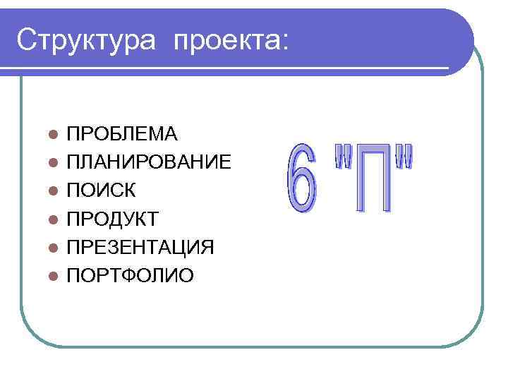 Структура проекта: l  ПРОБЛЕМА  l  ПЛАНИРОВАНИЕ  l  ПОИСК 