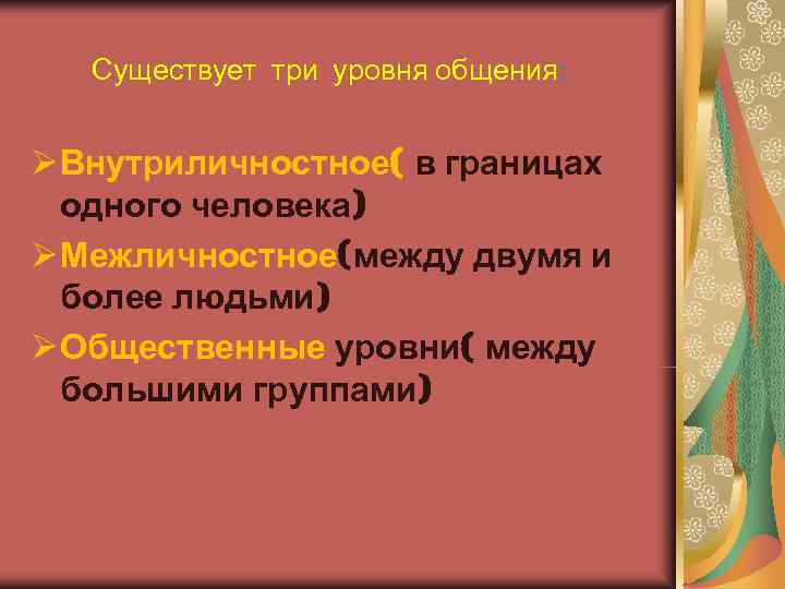   Существует три уровня общения:  Ø Внутриличностное( в границах  одного человека)