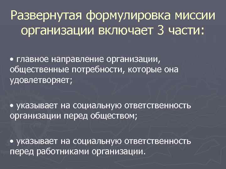 Развернутая формулировка миссии  организации включает 3 части:  • главное направление организации, 