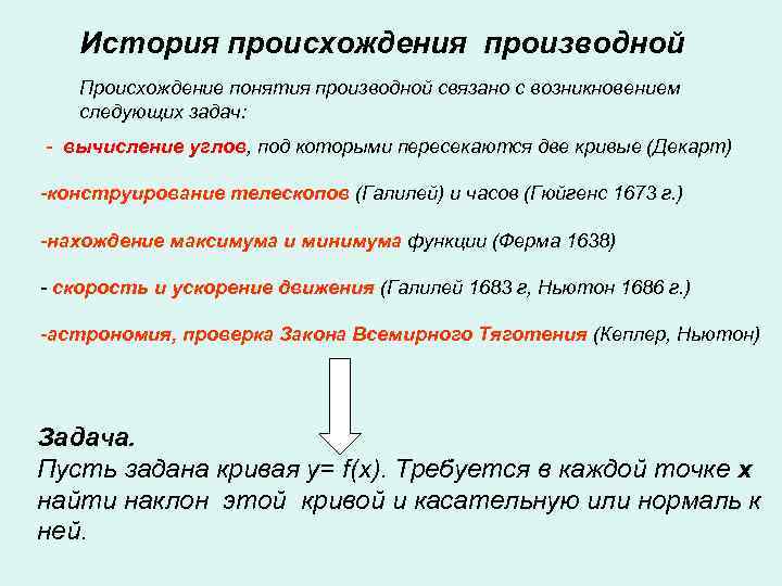   История происхождения производной  Происхождение понятия производной связано с возникновением  следующих