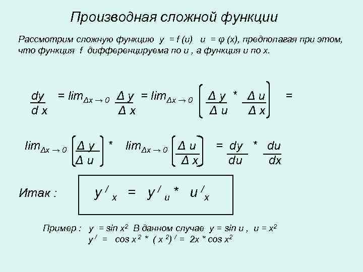   Производная сложной функции Рассмотрим сложную функцию y = f (u) u =