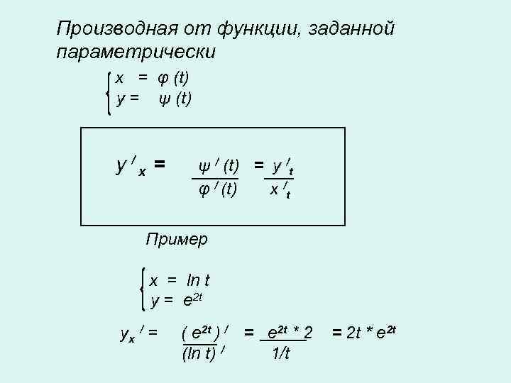 Производная от функции, заданной параметрически x = φ (t) y = ψ (t) 