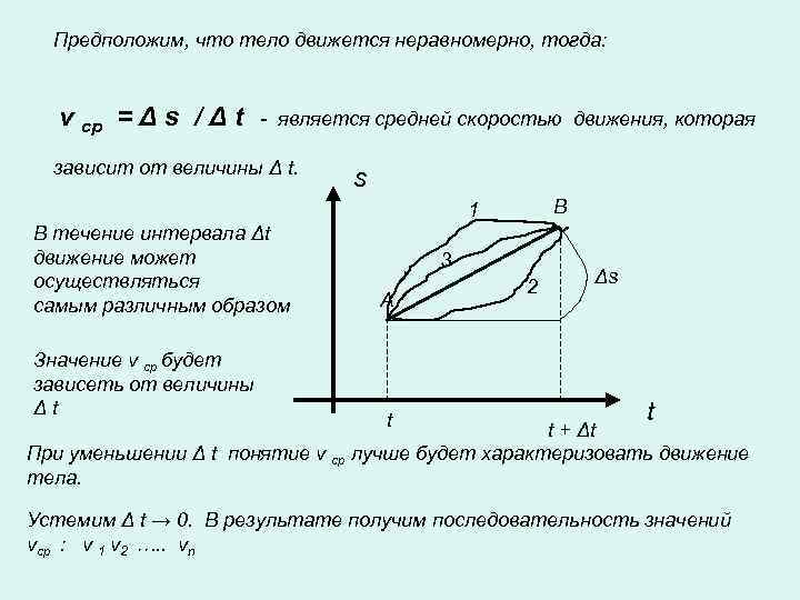  Предположим, что тело движется неравномерно, тогда:  v ср = Δ s /