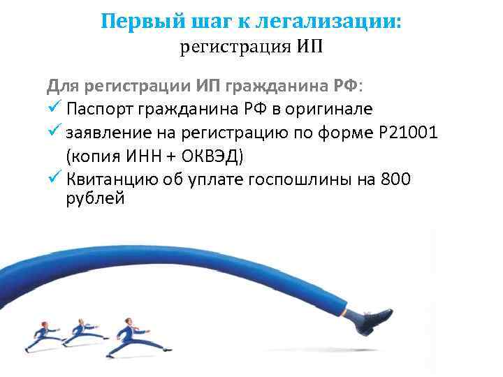   Первый шаг к легализации:    регистрация ИП Для регистрации ИП