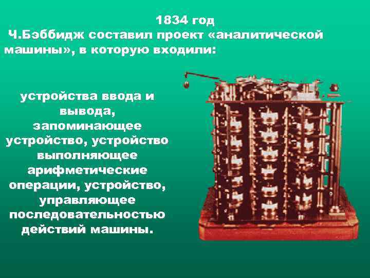     1834 год Ч. Бэббидж составил проект «аналитической машины» , в