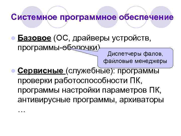 Системное программное обеспечение l Базовое(ОС, драйверы устройств,  программы-оболочки)    Диспетчеры фалов,