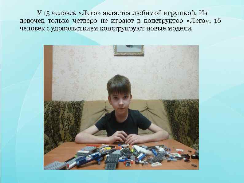  У 15 человек «Лего» является любимой игрушкой. Из девочек только четверо не играют