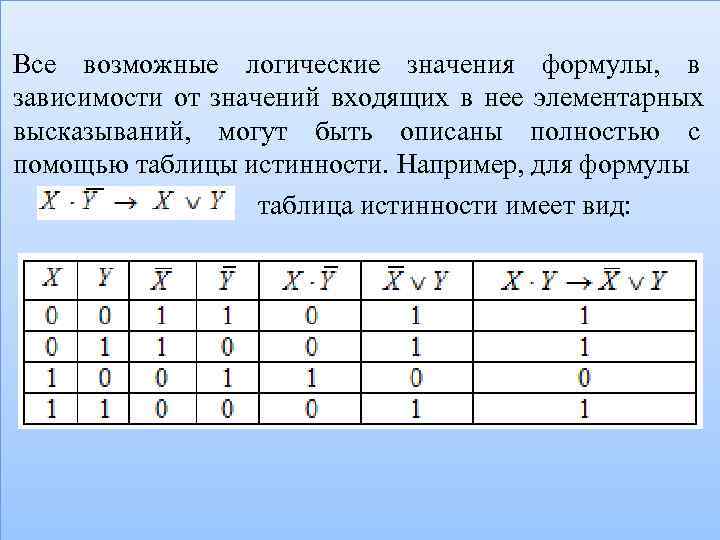 Все возможные логические значения формулы,  в зависимости от значений входящих в нее элементарных
