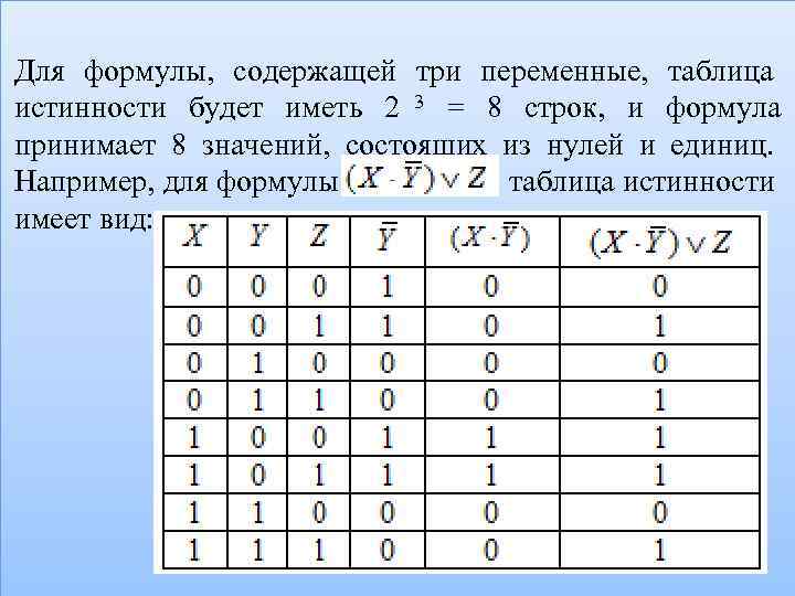 Для формулы,  содержащей три переменные,  таблица истинности будет иметь  2 3