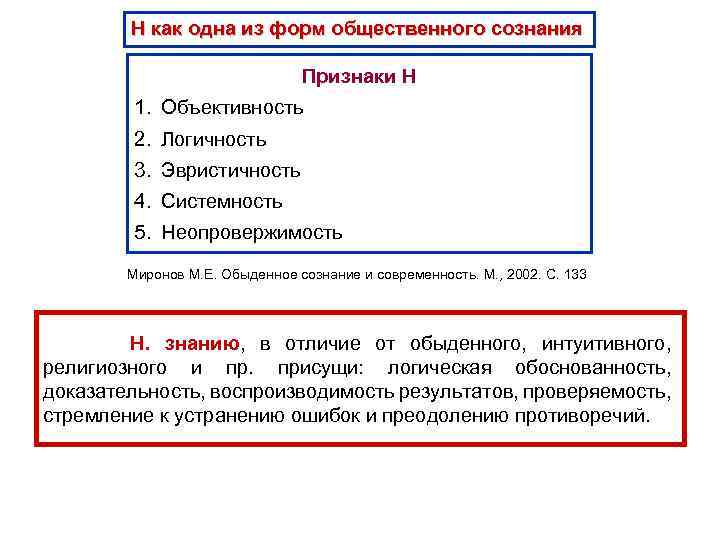 Н как одна из форм общественного сознания Признаки Н 1. Объективность 2. Логичность 3.