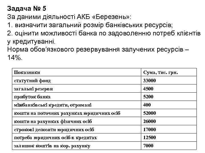 Задача № 5 За даними діяльності АКБ «Березень» : 1. визначити загальний розмір банківських