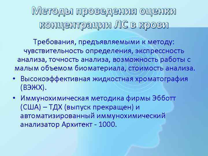  Методы проведения оценки  концентрации ЛС в крови  Требования, предъявляемыми к методу:
