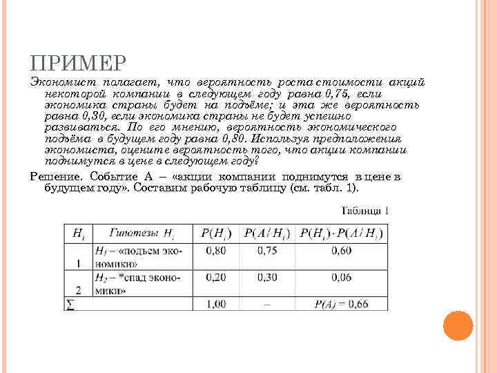 ПРИМЕР Экономист полагает, что вероятность роста стоимости акций  некоторой компании в следующем году