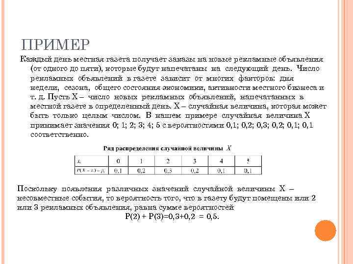 ПРИМЕР Каждый день местная газета получает заказы на новые рекламные объявления  (от одного