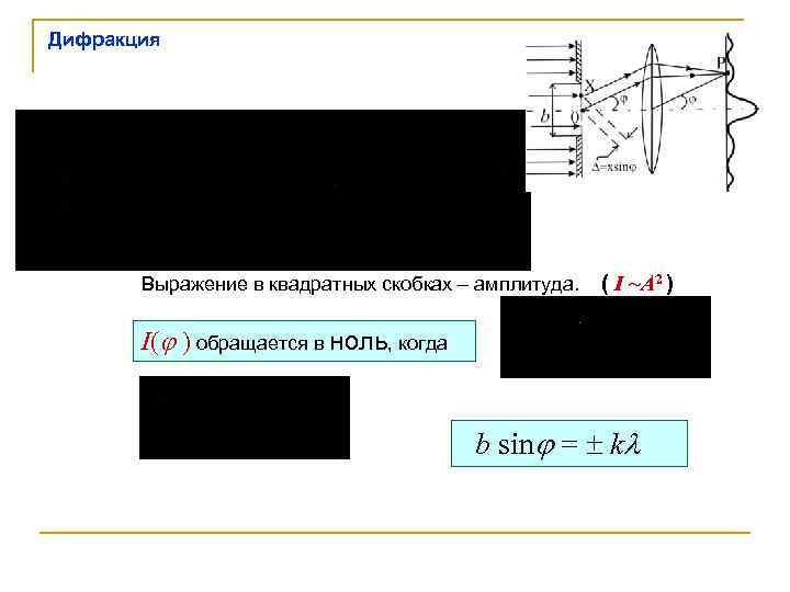 Дифракция  Выражение в квадратных скобках – амплитуда. ( I ~A 2 ) 
