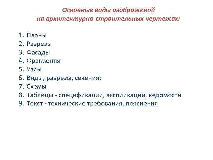    Основные виды изображений  на архитектурно-строительных чертежах:  1.  Планы
